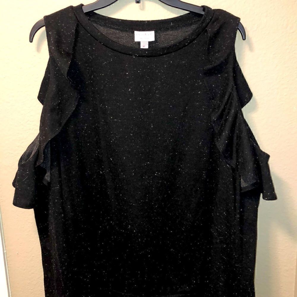 Isabel Maternity - Black Ruffled Shoulder Peekaboo Long Sleeved Blouse